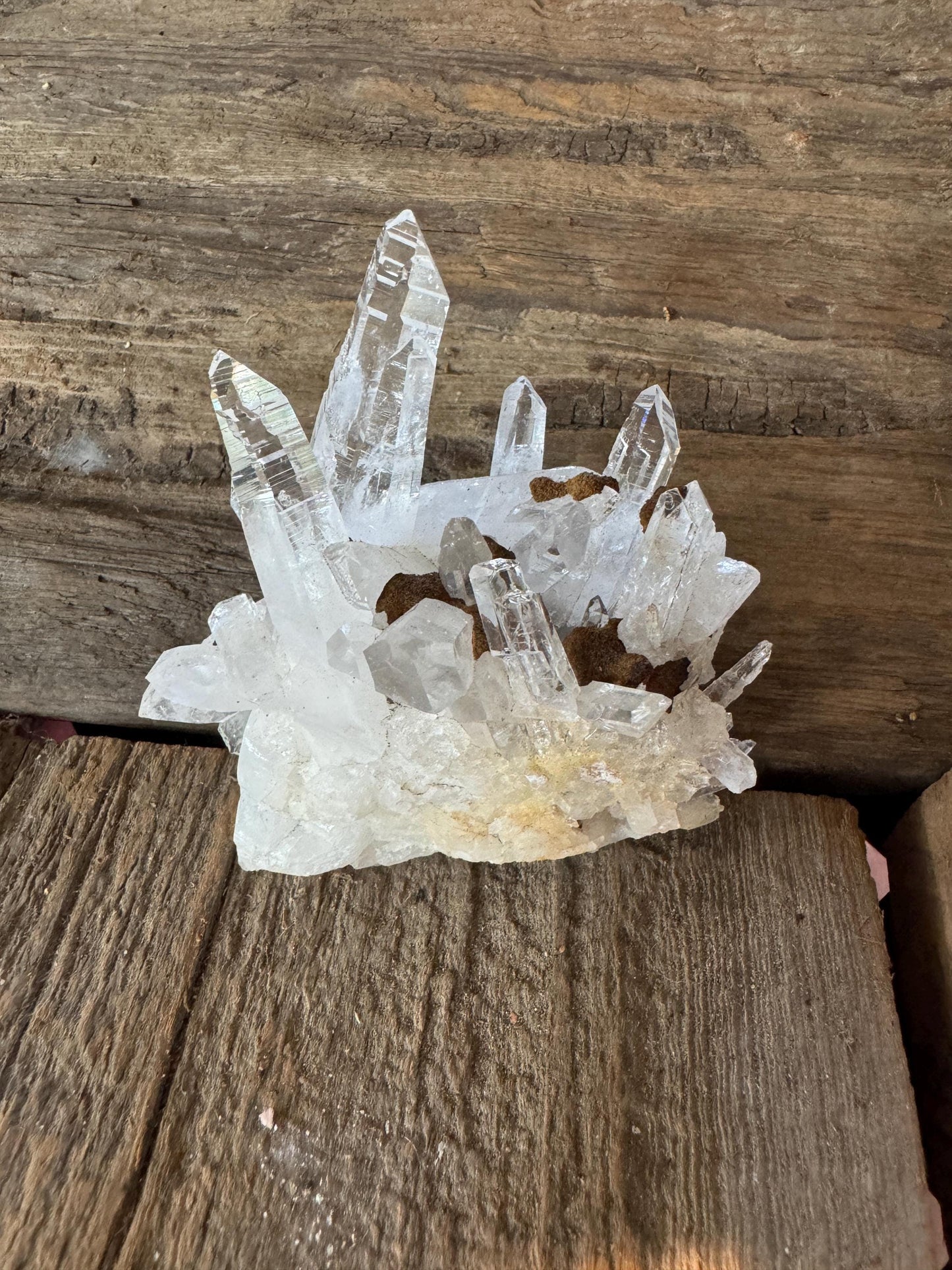 Columbian Optical Quartz Lemurian Cluster with limonite 128.5g Specimen Mineral Crystal