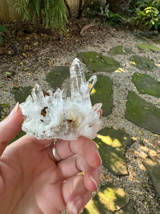 Columbian Optical Quartz Lemurian Cluster with limonite 128.5g Specimen Mineral Crystal