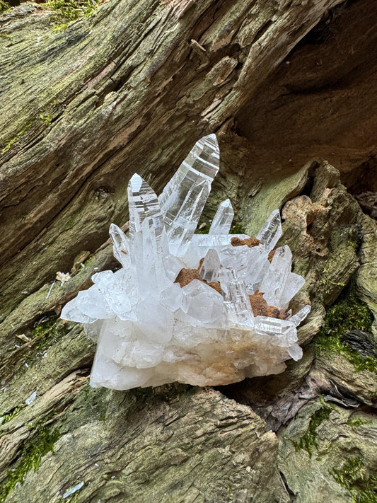 Columbian Optical Quartz Lemurian Cluster with limonite 128.5g Specimen Mineral Crystal