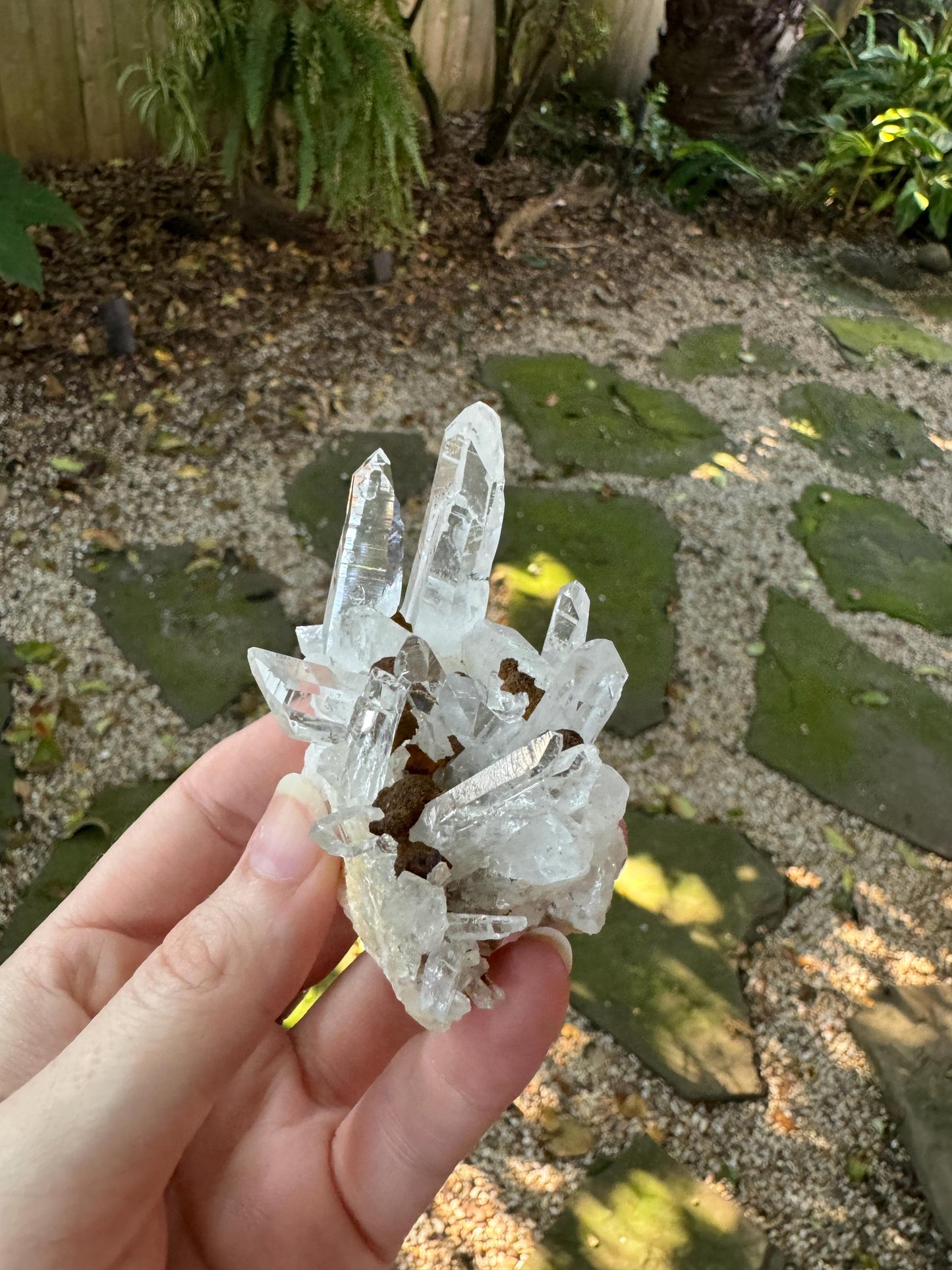 Columbian Optical Quartz Lemurian Cluster with limonite 128.5g Specimen Mineral Crystal
