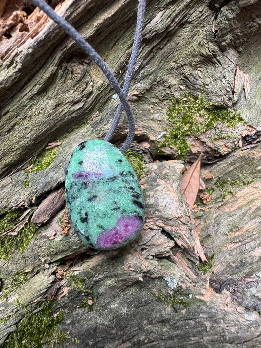 Hand polished and Drilled Ruby in Zoisite Pendant 23g, Necklace Specimen Mineral Crystal