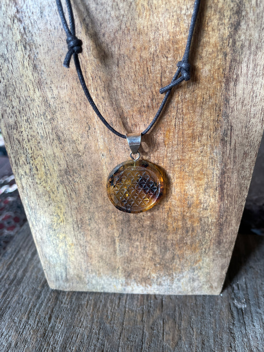 Polished and Carved Flower of Life Mexican Amber Pendant from Ciapas Mexico 1.5"Long