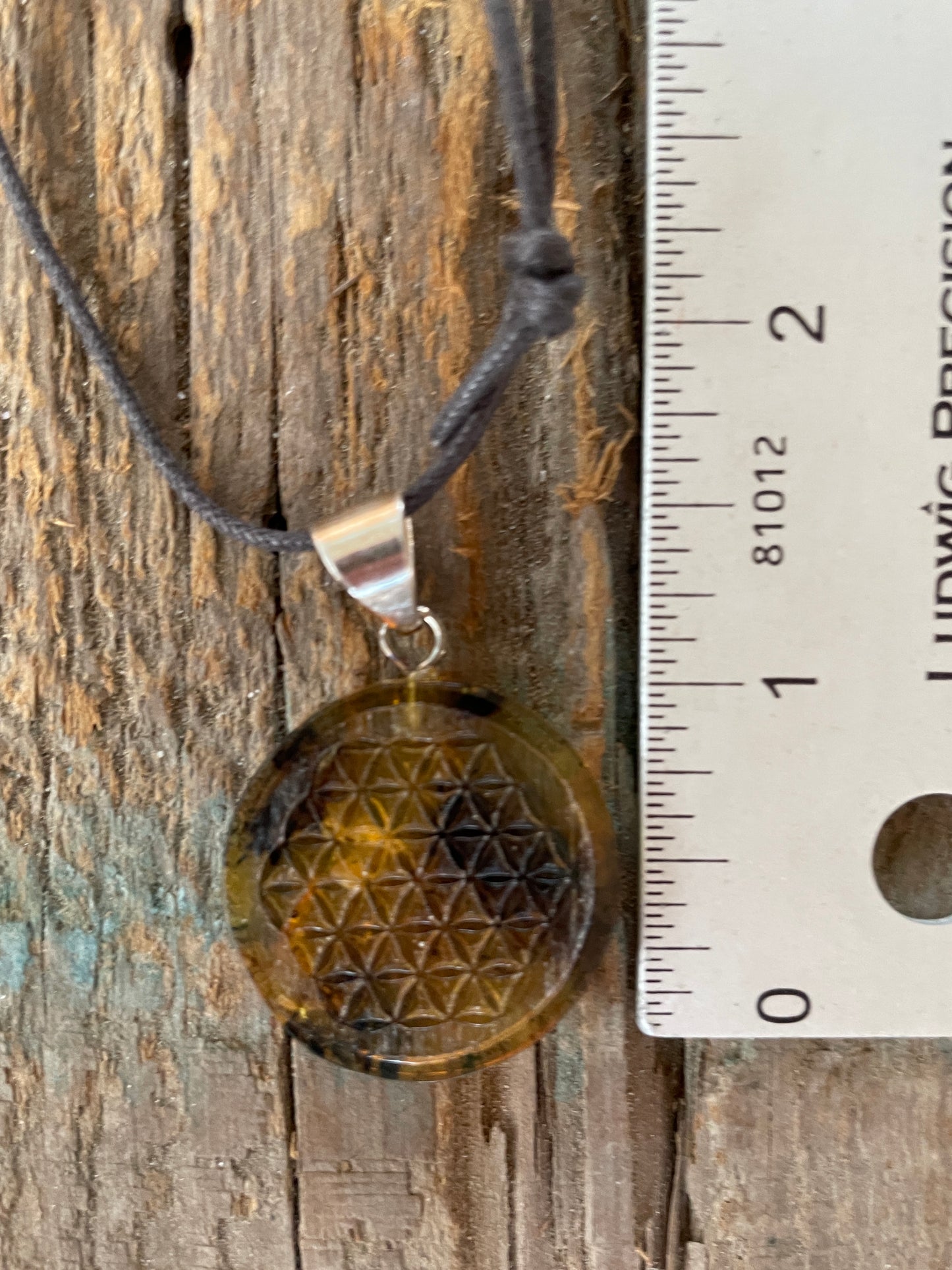 Polished and Carved Flower of Life Mexican Amber Pendant from Ciapas Mexico 1.5"Long