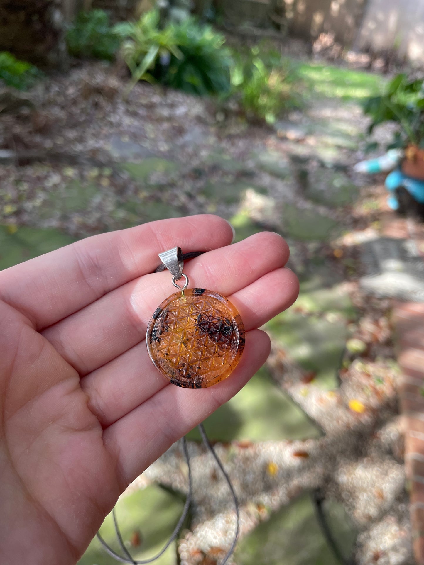 Polished and Carved Flower of Life Mexican Amber Pendant from Ciapas Mexico 1.5"Long