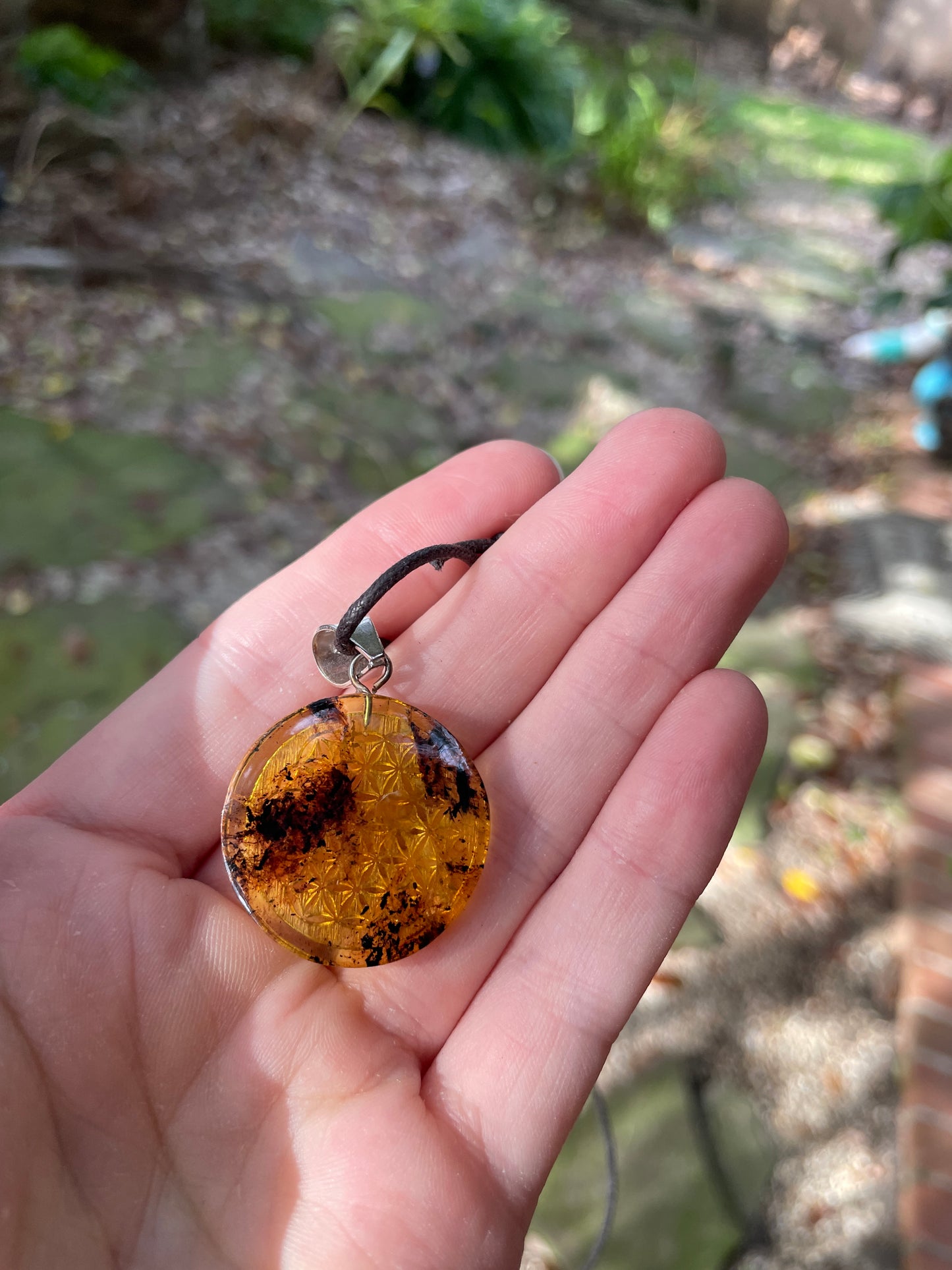 Polished and Carved Flower of Life Mexican Amber Pendant from Ciapas Mexico 1.5"Long