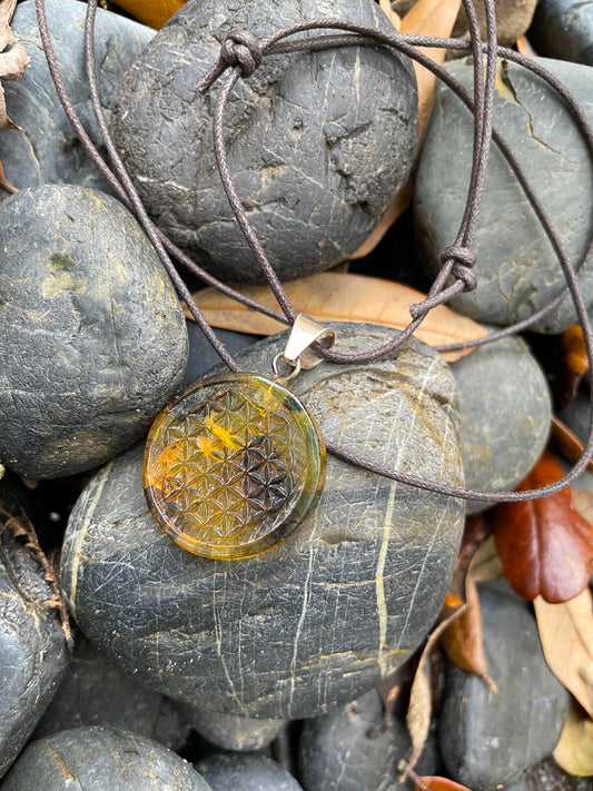 Polished and Carved Flower of Life Mexican Amber Pendant from Ciapas Mexico 1.5"Long