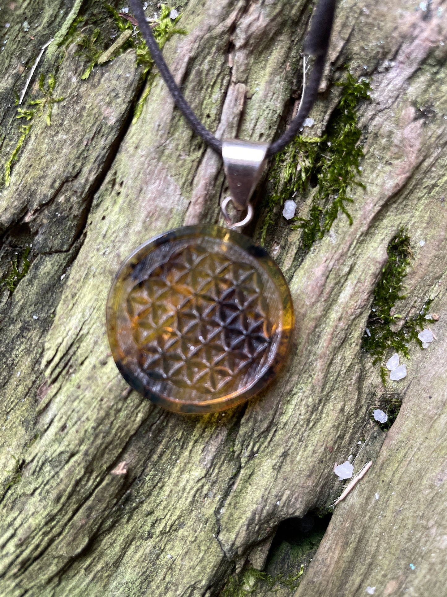 Polished and Carved Flower of Life Mexican Amber Pendant from Ciapas Mexico 1.5"Long