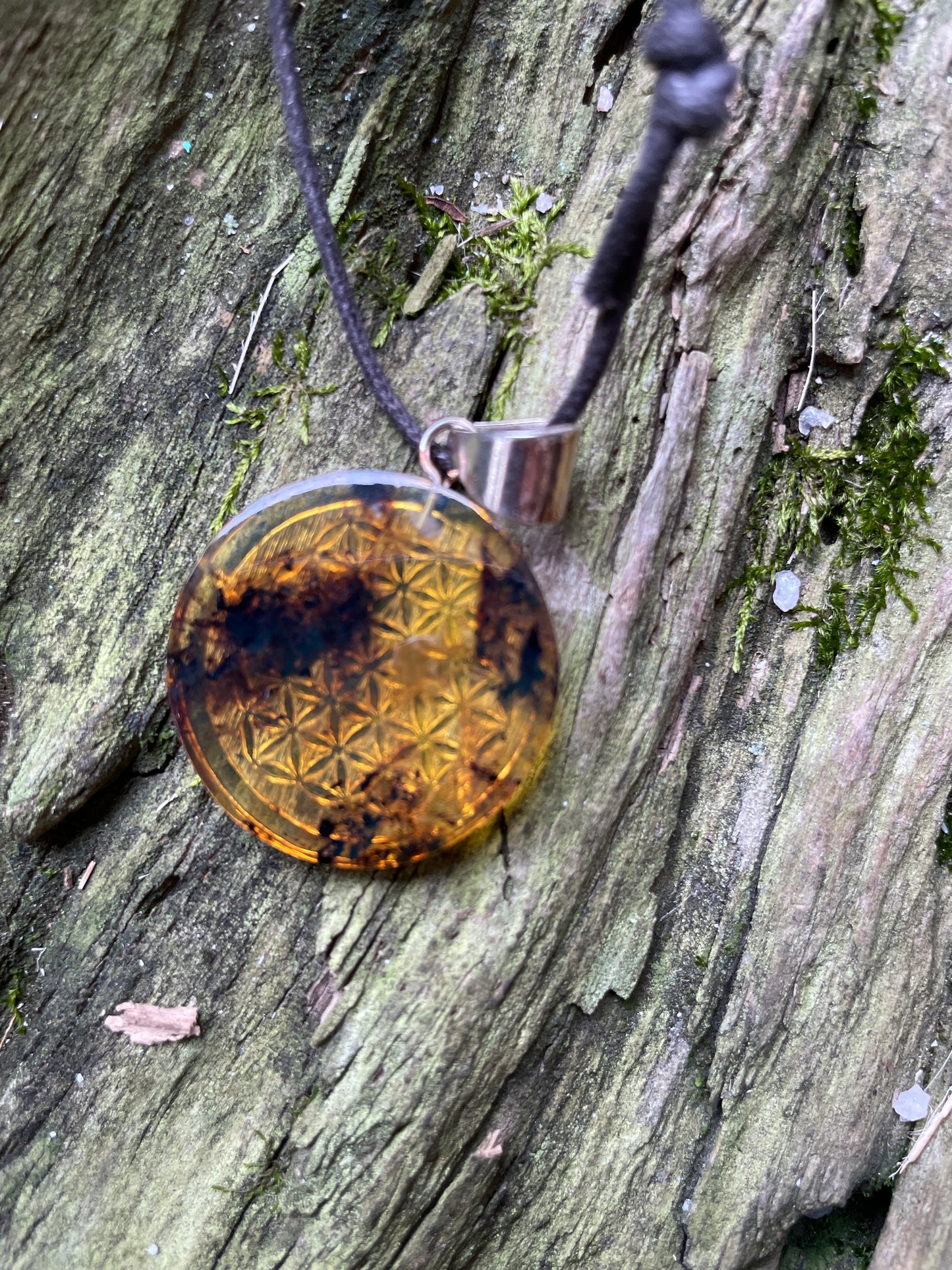 Polished and Carved Flower of Life Mexican Amber Pendant from Ciapas Mexico 1.5"Long
