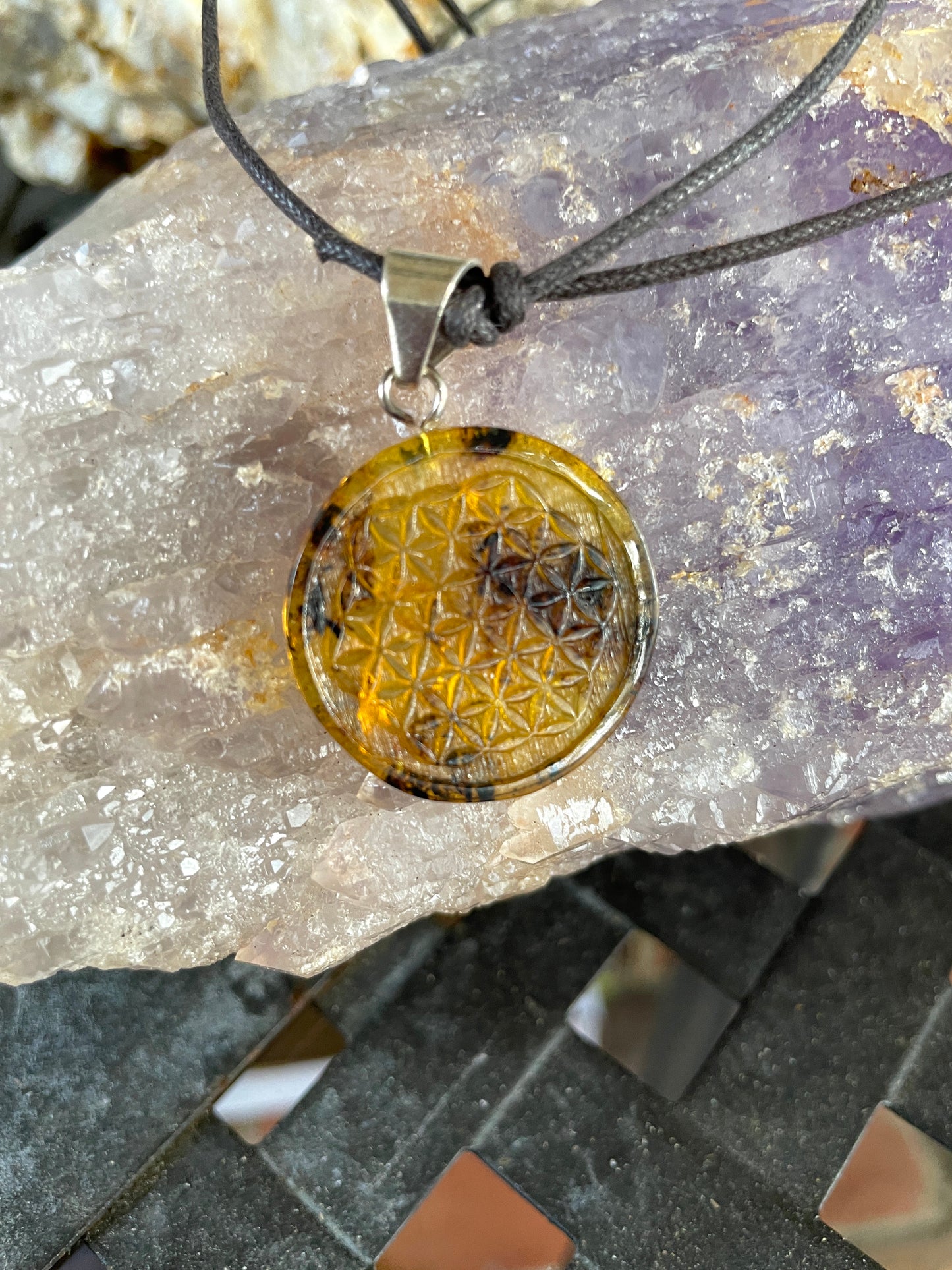 Polished and Carved Flower of Life Mexican Amber Pendant from Ciapas Mexico 1.5"Long