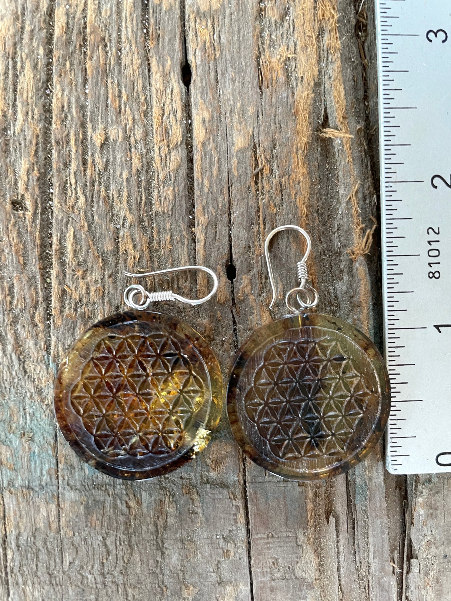 Polished and Carved Metatron's Cube Mexican Amber Earrings from Ciapas Mexico 1.8"Long