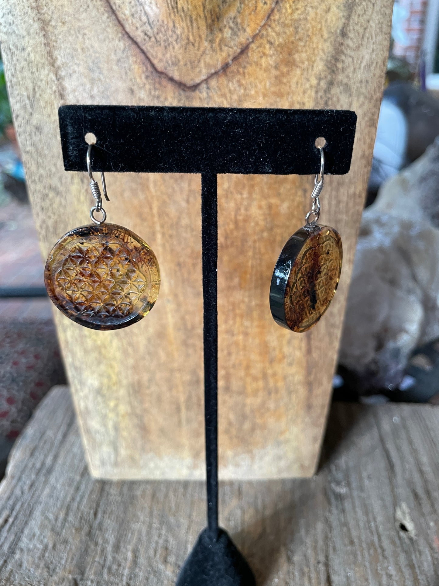 Polished and Carved Metatron's Cube Mexican Amber Earrings from Ciapas Mexico 1.8"Long
