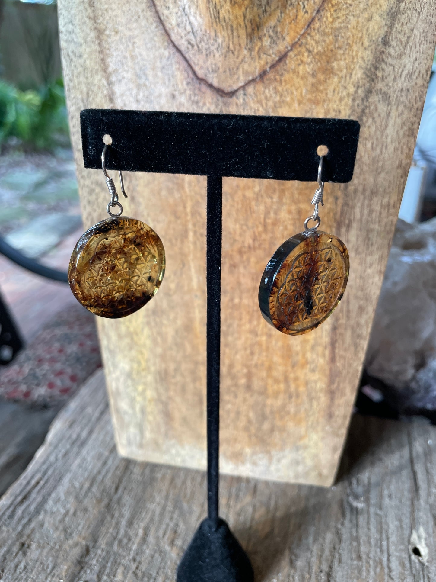 Polished and Carved Metatron's Cube Mexican Amber Earrings from Ciapas Mexico 1.8"Long