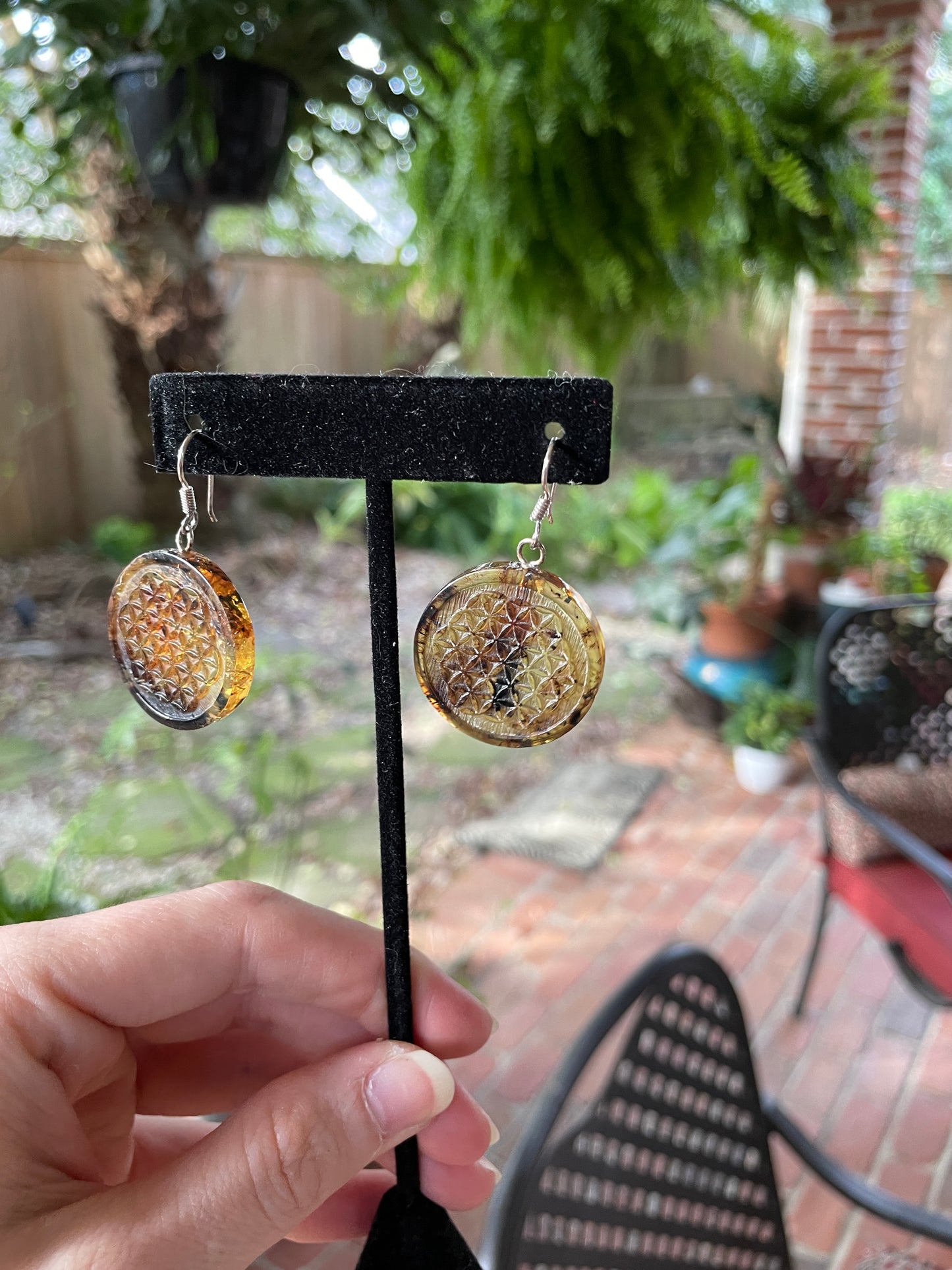 Polished and Carved Metatron's Cube Mexican Amber Earrings from Ciapas Mexico 1.8"Long