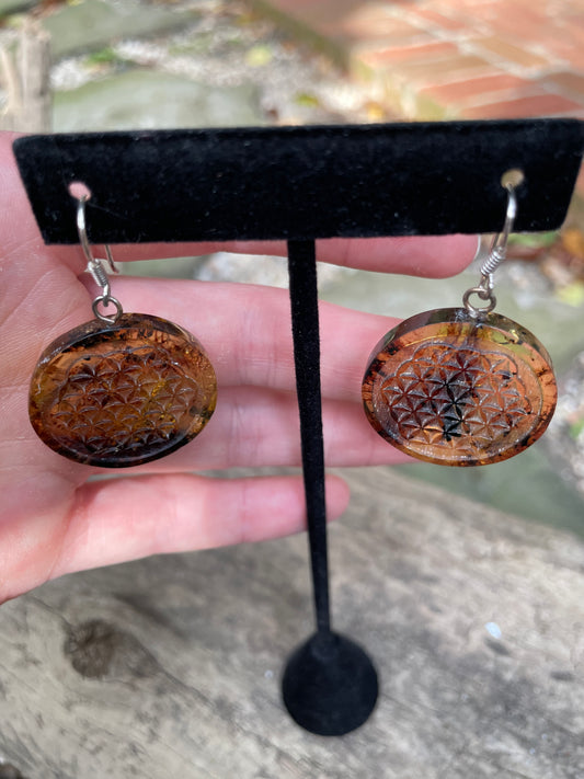 Polished and Carved Metatron's Cube Mexican Amber Earrings from Ciapas Mexico 1.8"Long