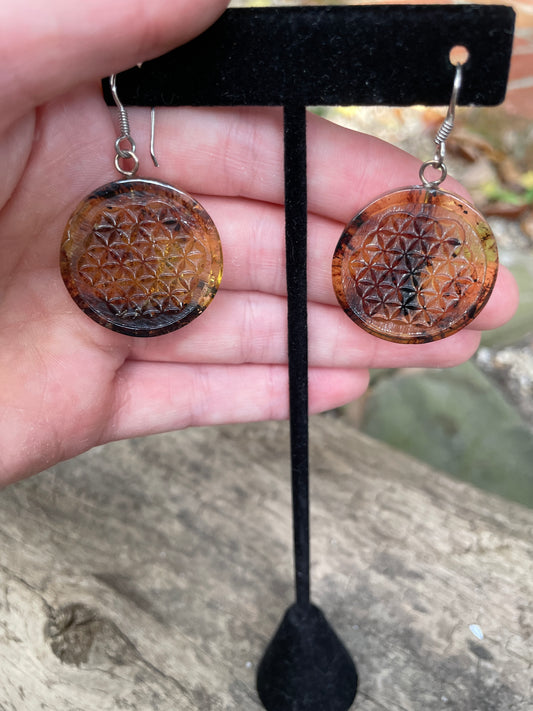 Polished and Carved Metatron's Cube Mexican Amber Earrings from Ciapas Mexico 1.8"Long