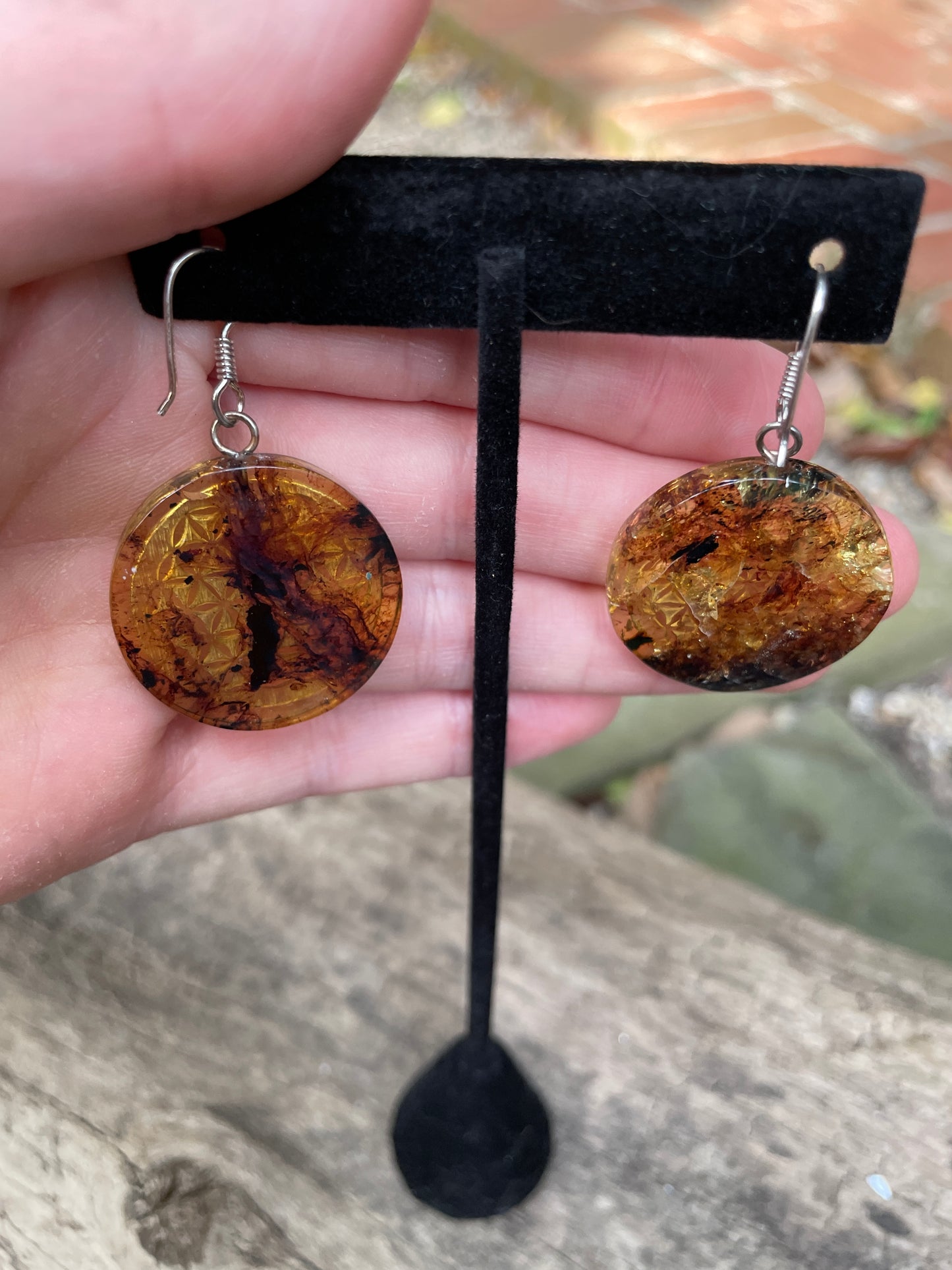 Polished and Carved Metatron's Cube Mexican Amber Earrings from Ciapas Mexico 1.8"Long