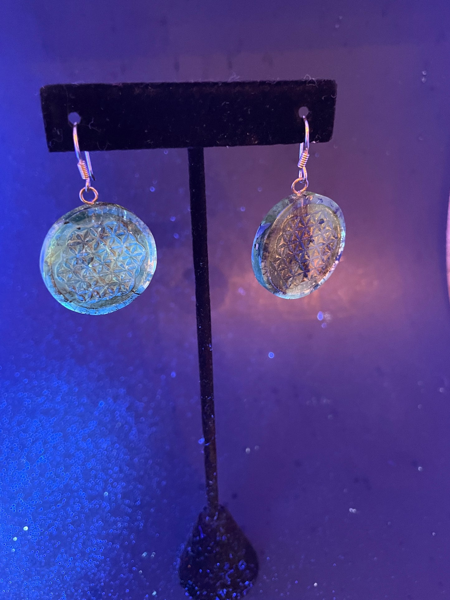 Polished and Carved Metatron's Cube Mexican Amber Earrings from Ciapas Mexico 1.8"Long