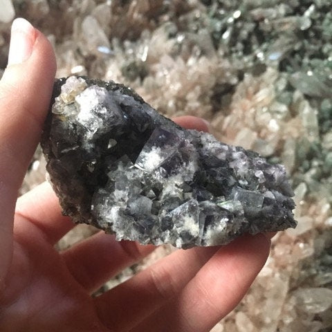 Purple/Green Rogerley Fluorite Crystal Cluster 138g, Diana Marie Mine, England UV reactive and Fluorescent Chakra Reiki Altar