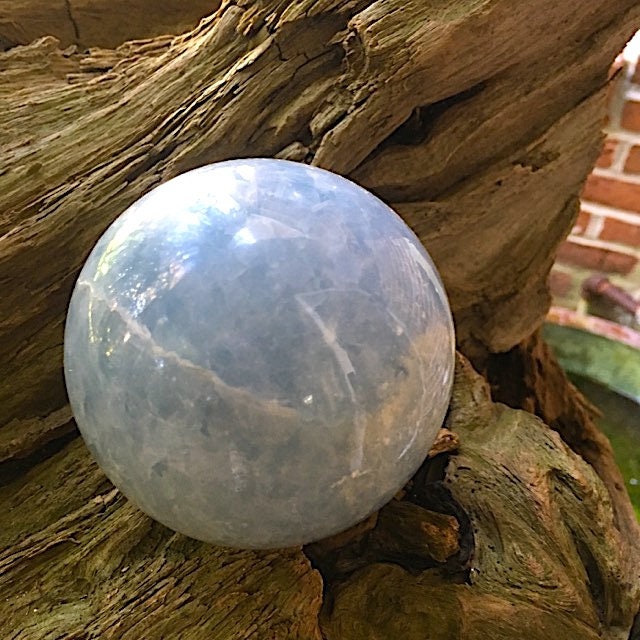 Blue Calcite Sphere 83mm 3.27" From Madagascar 820g 1lb 12.8oz Wood Stand Included