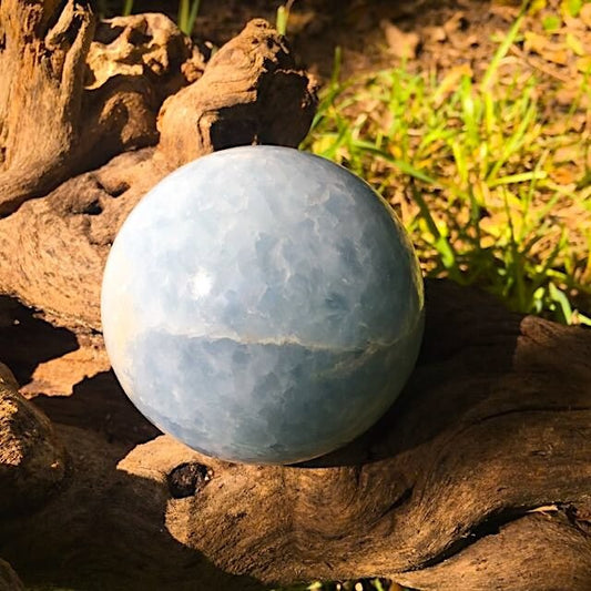 Blue Calcite Sphere 83mm 3.27" From Madagascar 820g 1lb 12.8oz Wood Stand Included