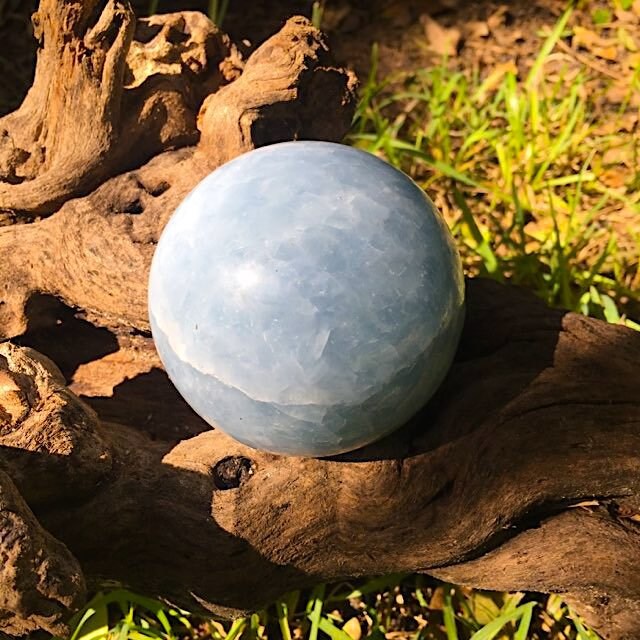 Blue Calcite Sphere 83mm 3.27" From Madagascar 820g 1lb 12.8oz Wood Stand Included