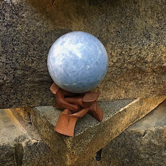 Blue Calcite Sphere 83mm 3.27" From Madagascar 820g 1lb 12.8oz Wood Stand Included