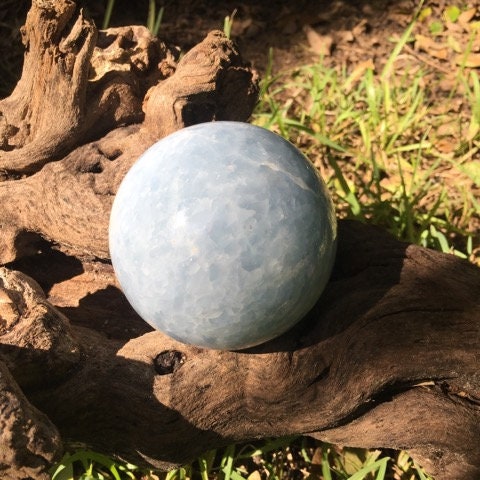 Blue Calcite Sphere 83mm 3.27" From Madagascar 820g 1lb 12.8oz Wood Stand Included