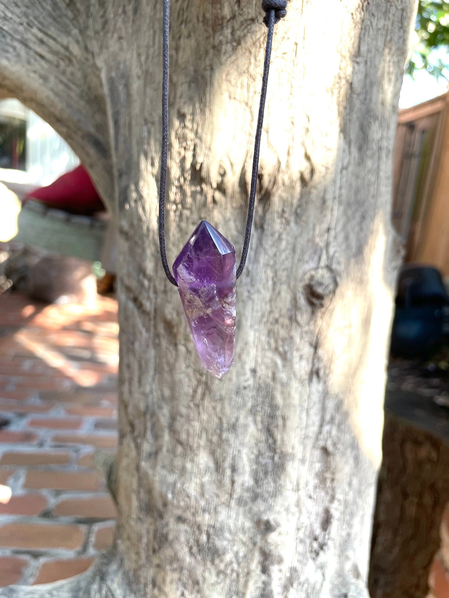 Polished and Hand Drilled Bahia Amethyst Point Pendant Necklace 52mm Long From Brazil