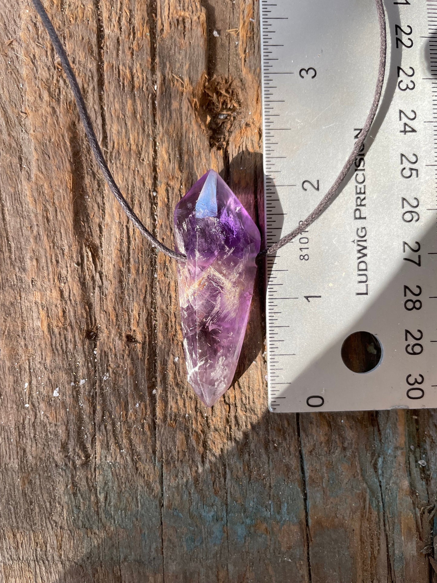 Polished and Hand Drilled Bahia Amethyst Point Pendant Necklace 52mm Long From Brazil