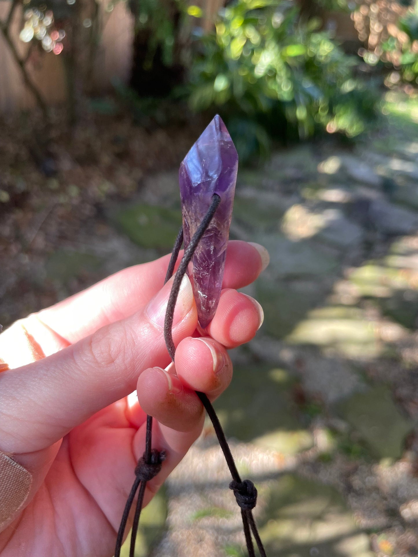 Polished and Hand Drilled Bahia Amethyst Point Pendant Necklace 52mm Long From Brazil
