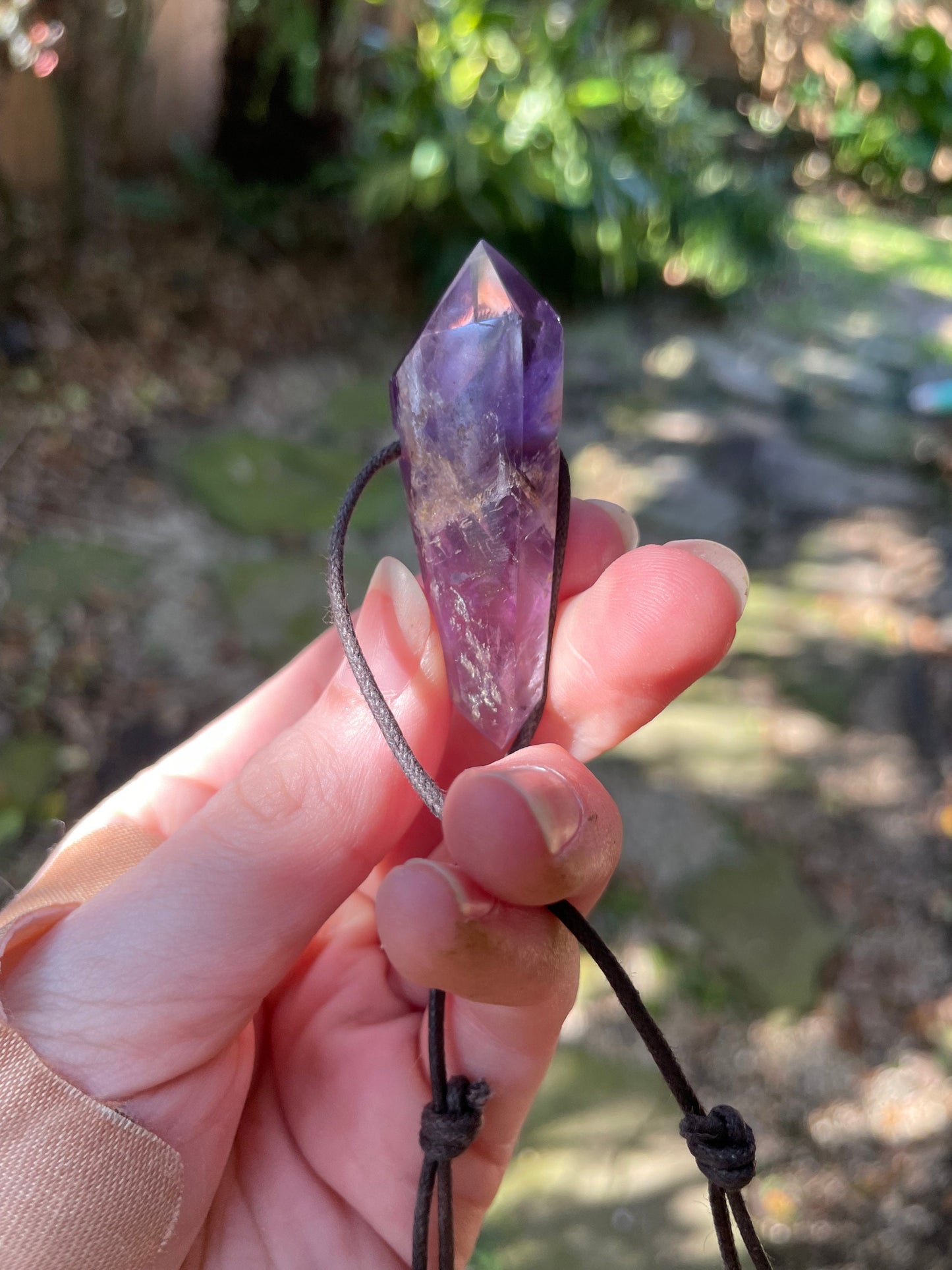Polished and Hand Drilled Bahia Amethyst Point Pendant Necklace 52mm Long From Brazil