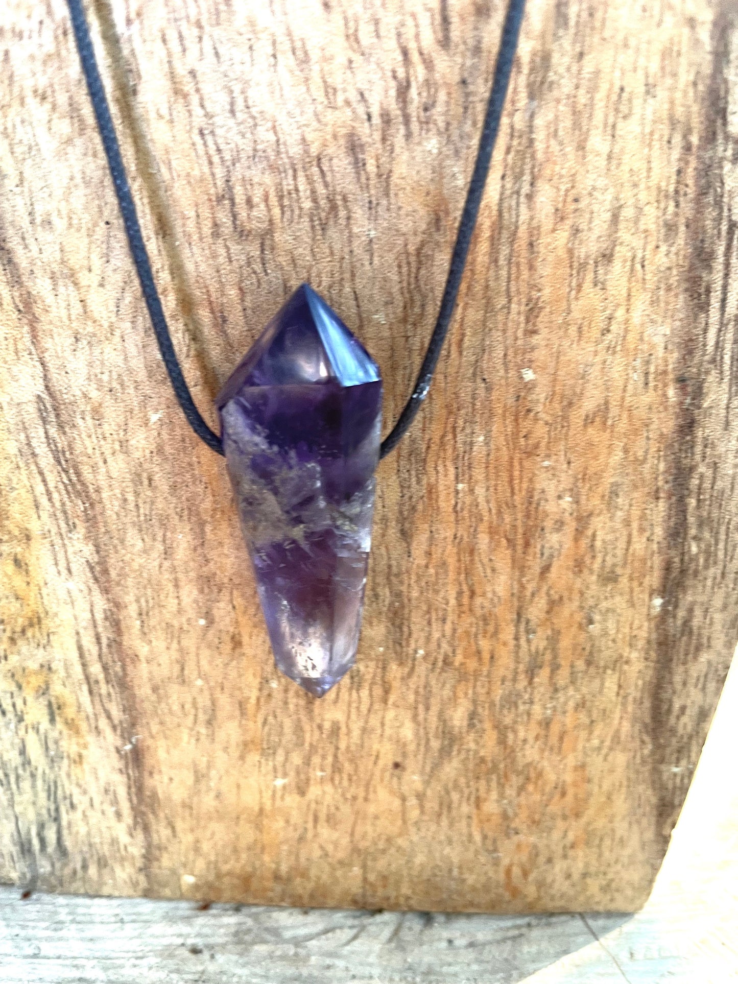 Polished and Hand Drilled Bahia Amethyst Point Pendant Necklace 52mm Long From Brazil