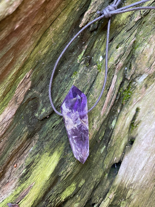 Polished and Hand Drilled Bahia Amethyst Point Pendant Necklace 52mm Long From Brazil