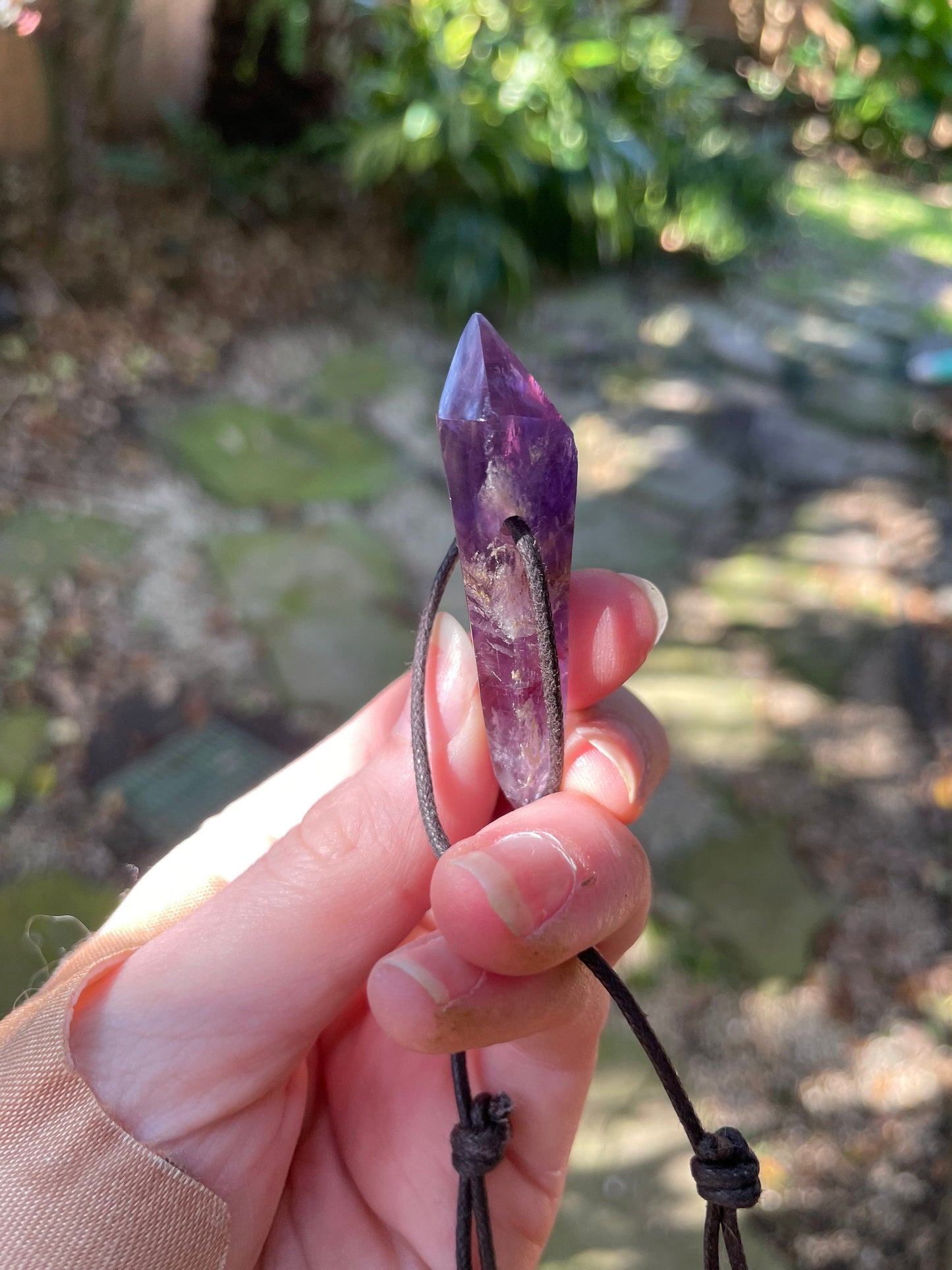 Polished and Hand Drilled Bahia Amethyst Point Pendant Necklace 52mm Long From Brazil