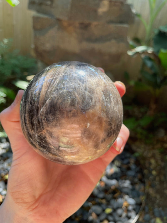 Black Moonstone Sphere with Wooden Stand 82mm 3.2" 754g 1lb 10.6oz Specimen From Madagascar Display