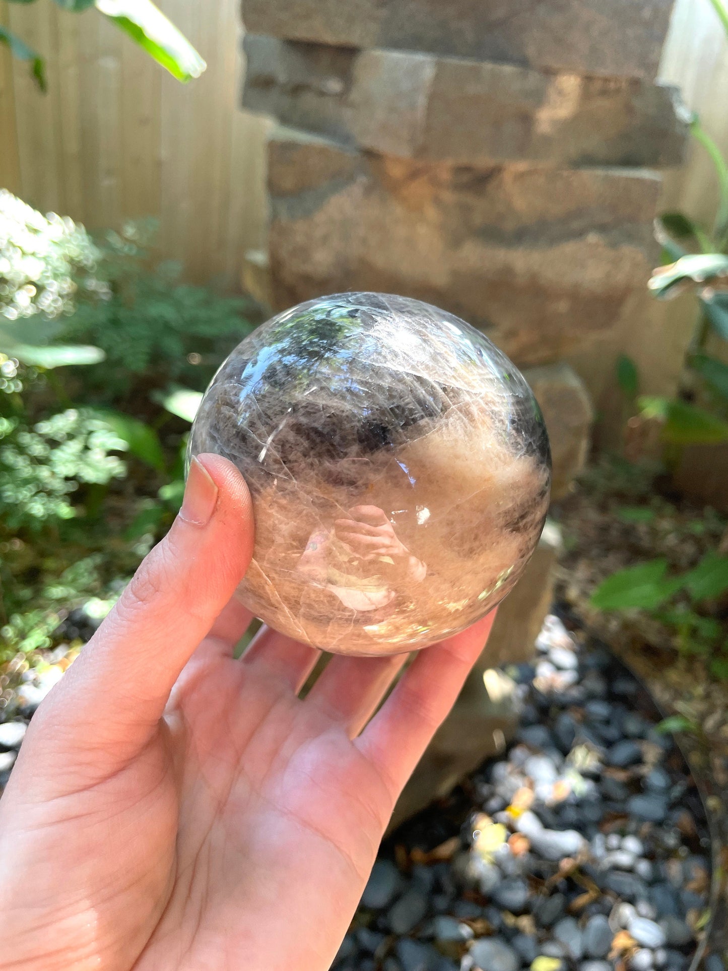 Black Moonstone Sphere with Wooden Stand 82mm 3.2" 754g 1lb 10.6oz Specimen From Madagascar Display