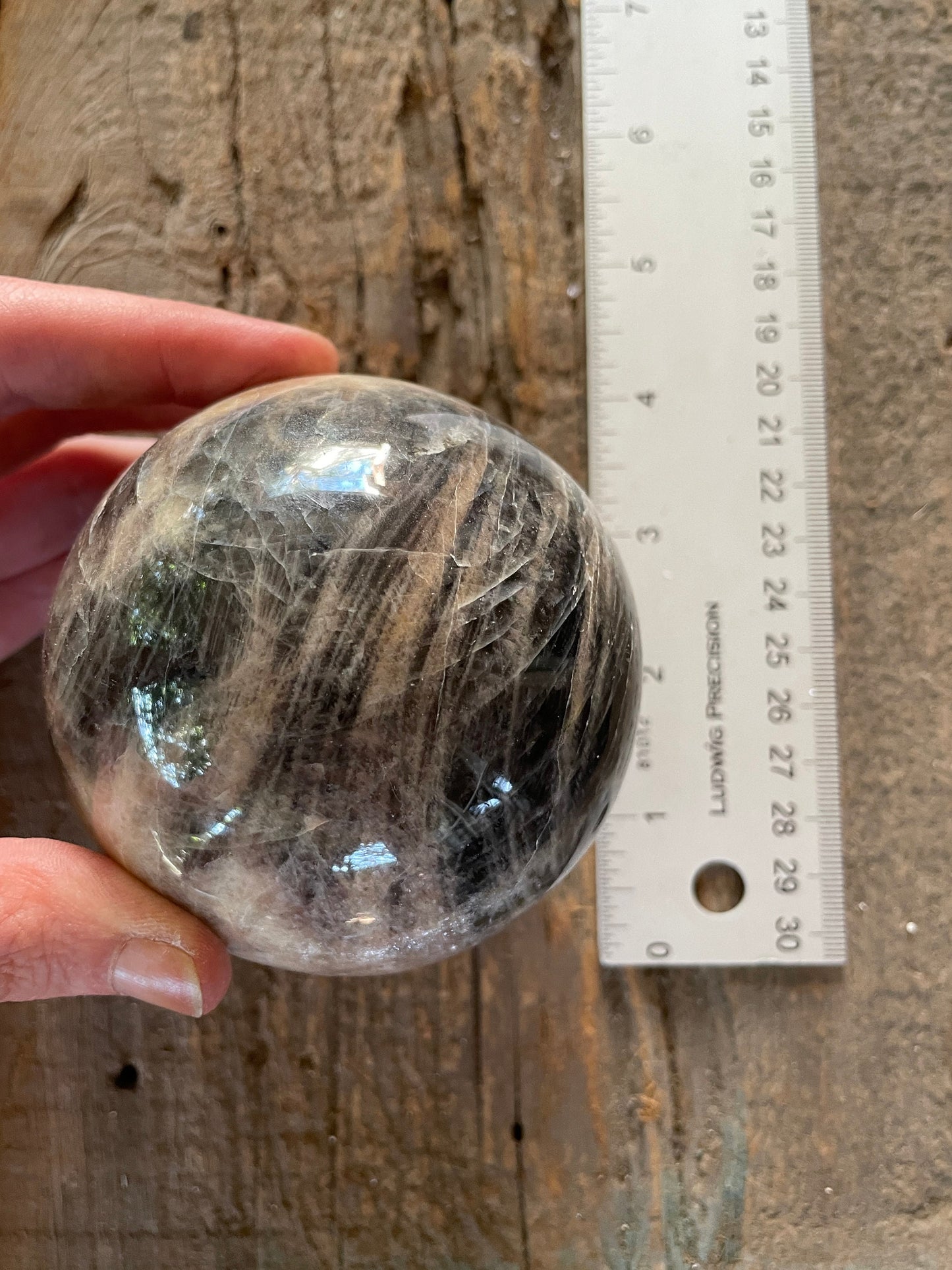 Black Moonstone Sphere with Wooden Stand 82mm 3.2" 754g 1lb 10.6oz Specimen From Madagascar Display