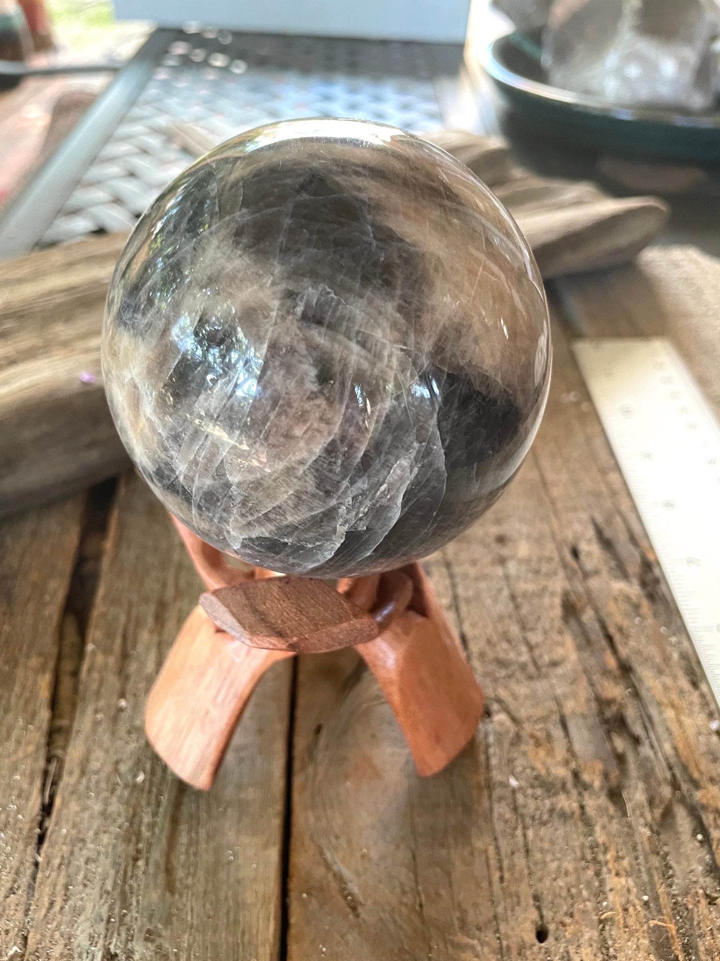 Black Moonstone Sphere with Wooden Stand 82mm 3.2" 754g 1lb 10.6oz Specimen From Madagascar Display