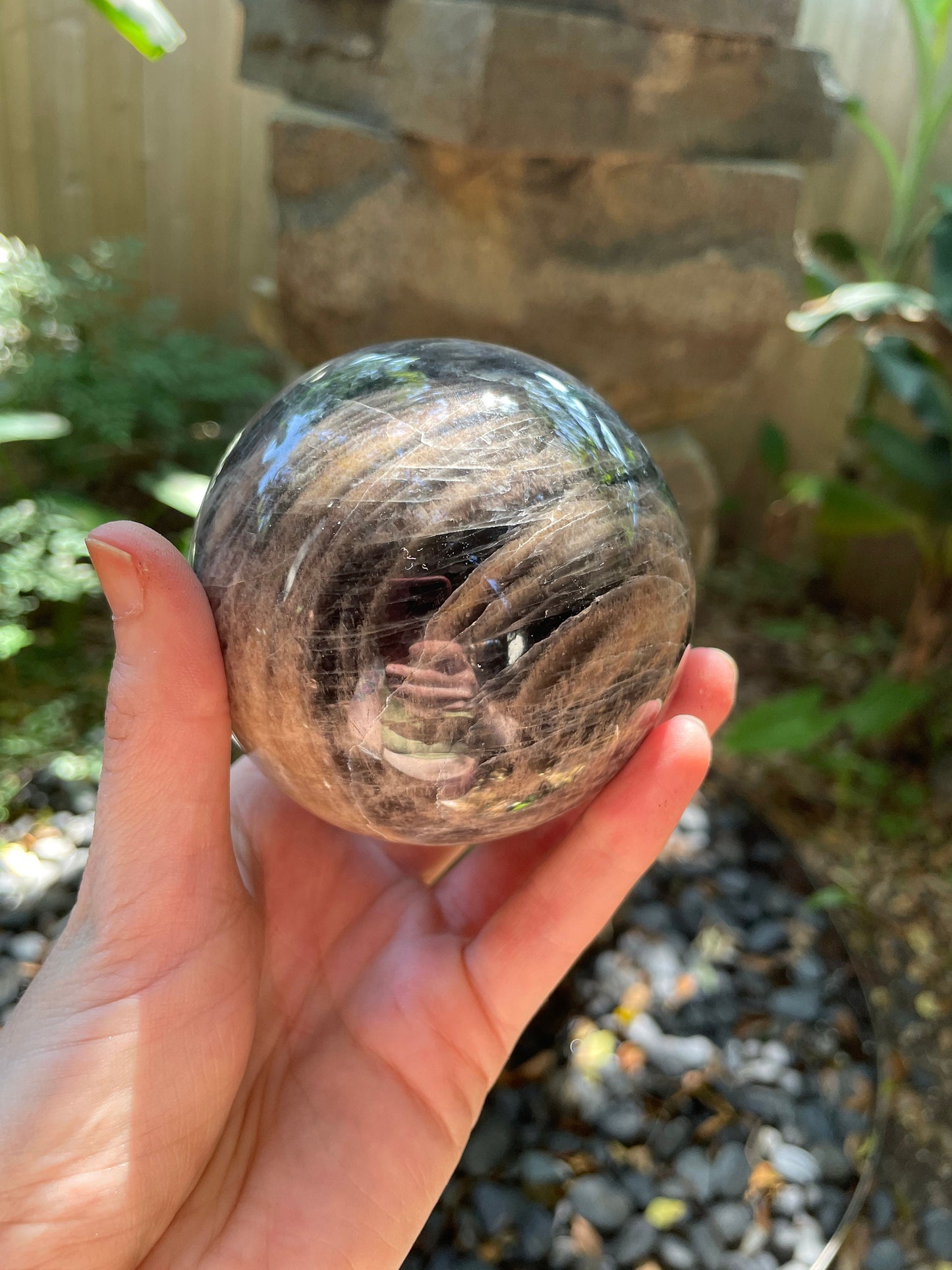 Black Moonstone Sphere with Wooden Stand 82mm 3.2" 754g 1lb 10.6oz Specimen From Madagascar Display