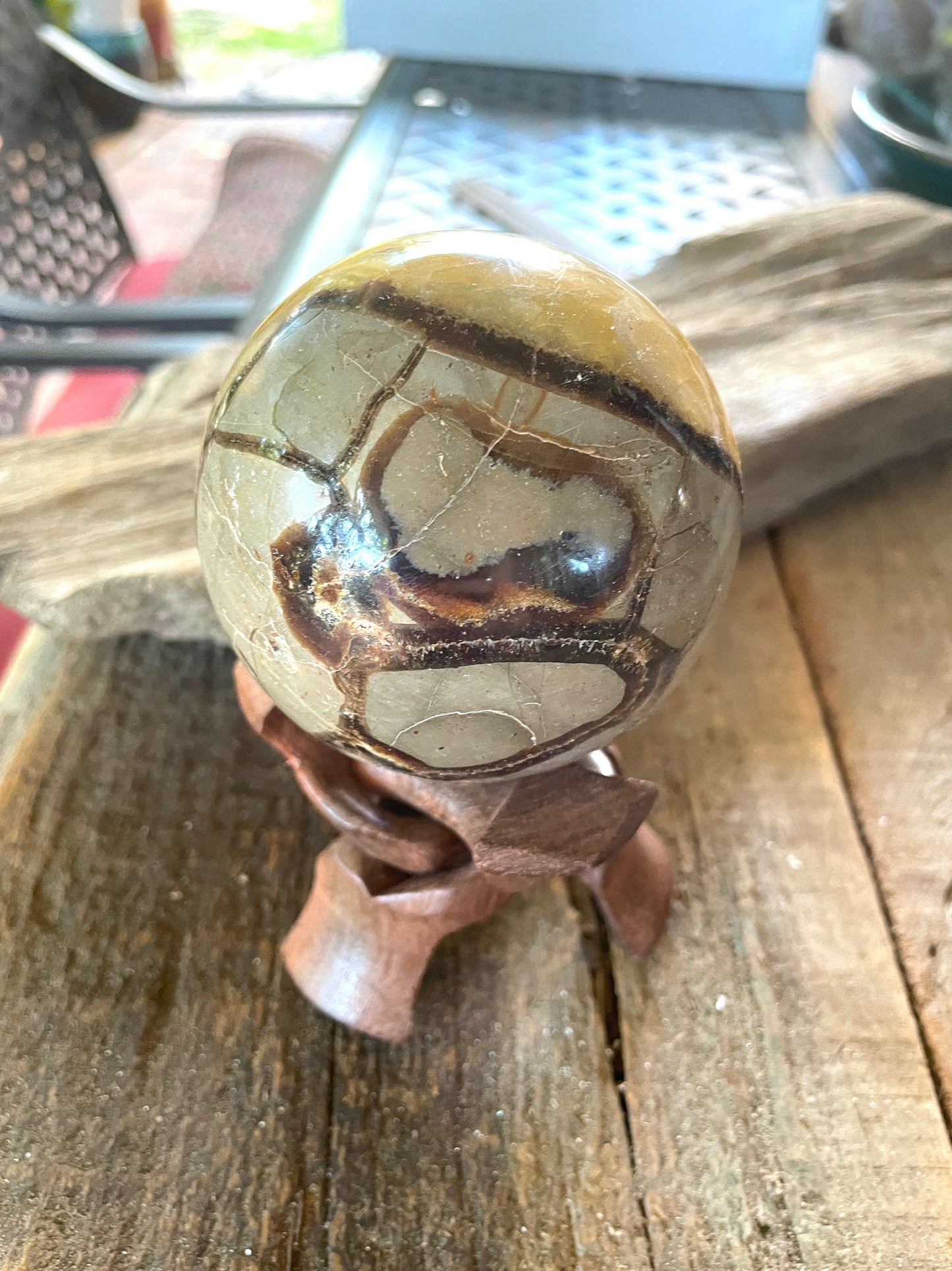 Lovely Septarian Calcite Polished Sphere With Stand Madagascar 80mm 3.1" 668g Specimen