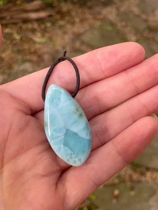 Polished and Hand Drilled Larimar Pendant Necklace 37.7mm long 13.2g From The Dominical Republic