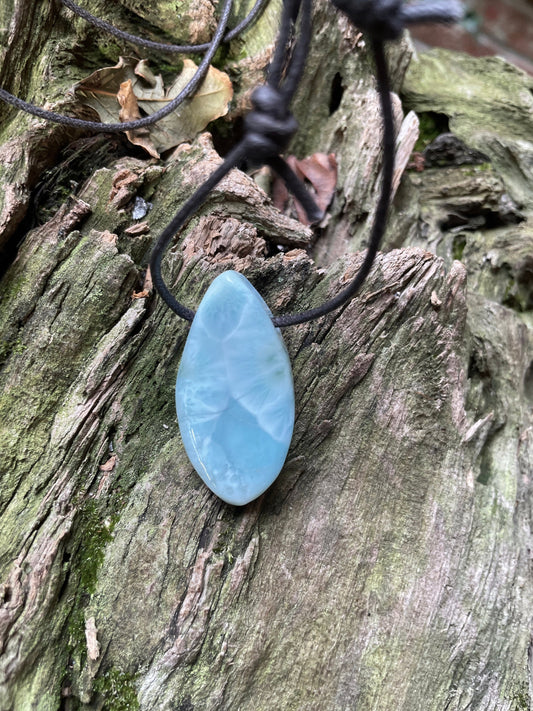 Polished and Hand Drilled Larimar Pendant Necklace 37.7mm long 13.2g From The Dominical Republic