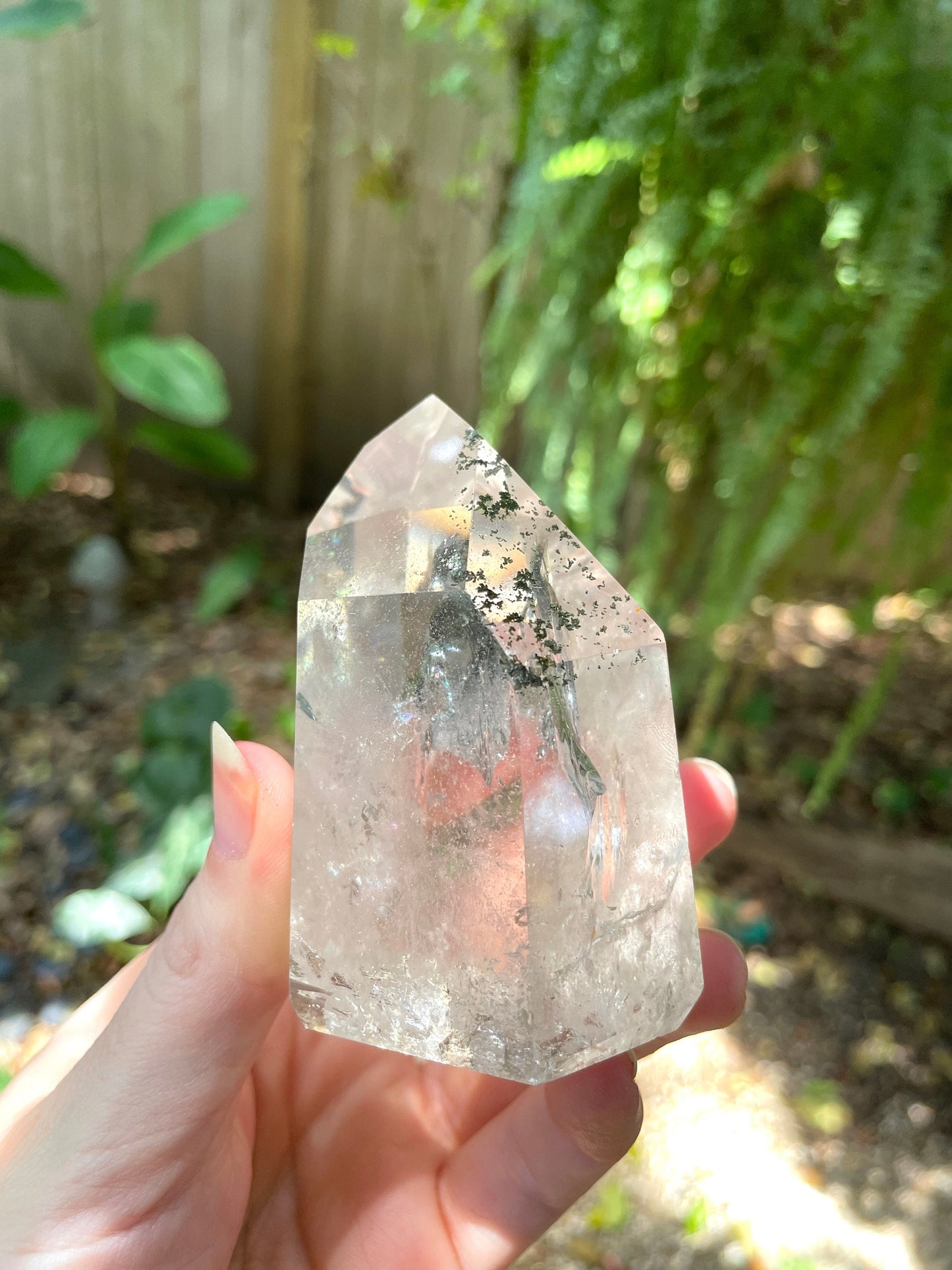 Brazilian Quartz Polished Chlorite Included Point 292g Minas Gerais With Rainbows Mineral Crystal