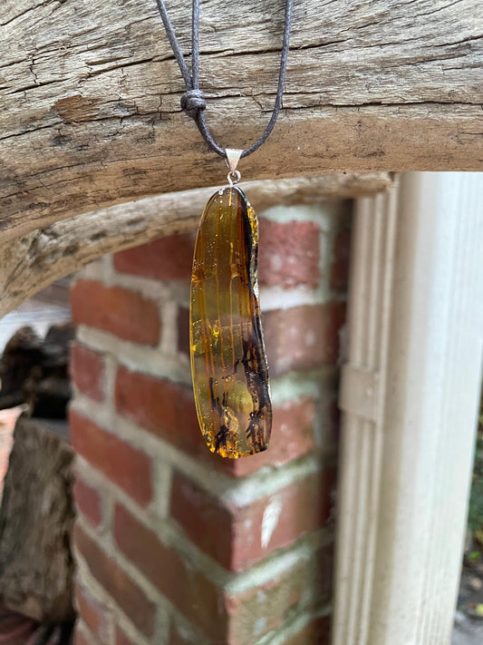 Hand Polished Mexican Blue Amber Pendant Wire Sterling Silver from Ciapas Mexico 2.81"