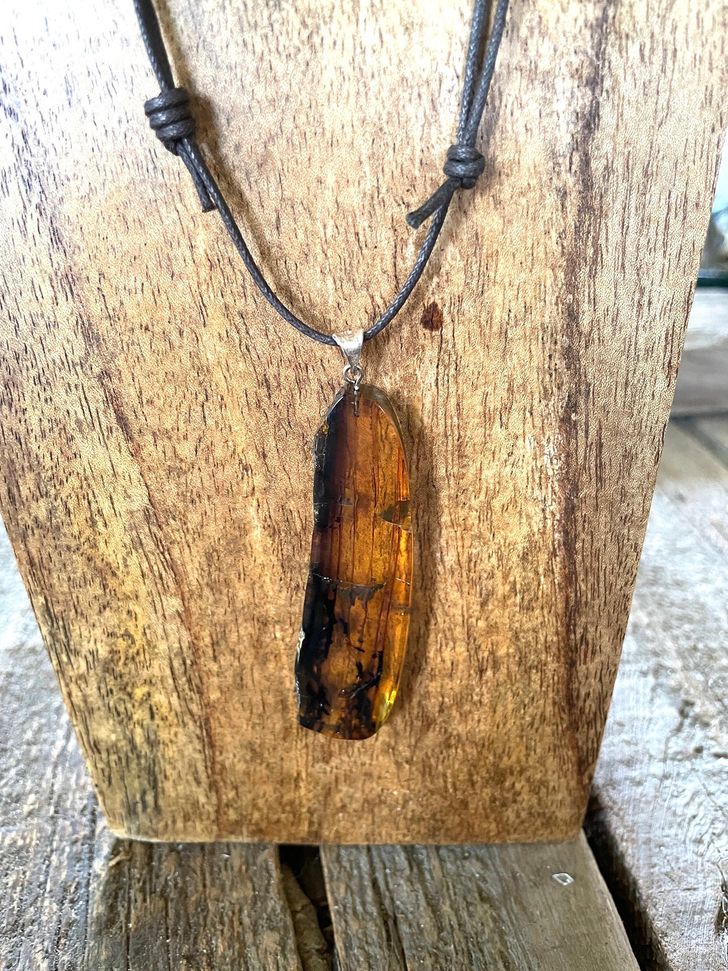 Hand Polished Mexican Blue Amber Pendant Wire Sterling Silver from Ciapas Mexico 2.81"