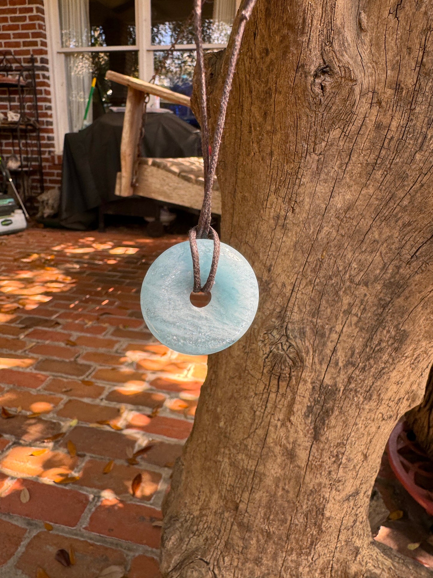 Aquamarine Crystal Necklace Hand Polished Circle Pendant Necklace Mineral Specimen