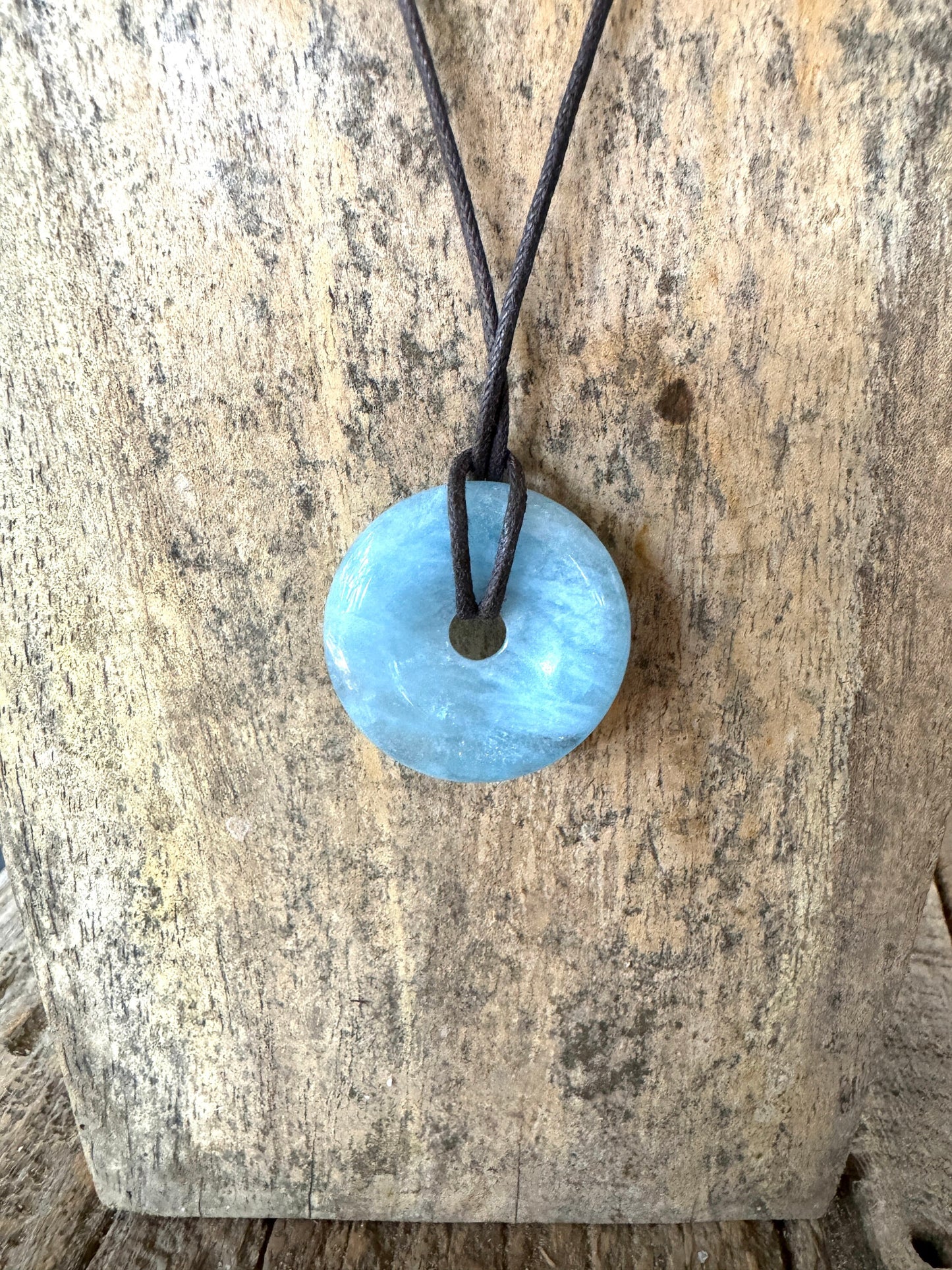 Aquamarine Crystal Necklace Hand Polished Circle Pendant Necklace Mineral Specimen