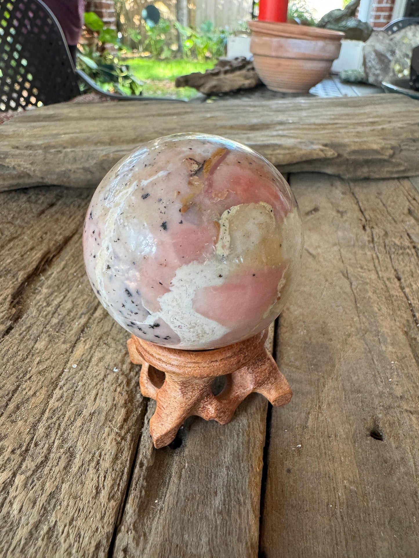 Beautifull Natural Pink Opal Sphere with Stand from Ica, Peru Specimen 22mm 196.8g Mineral Crystal