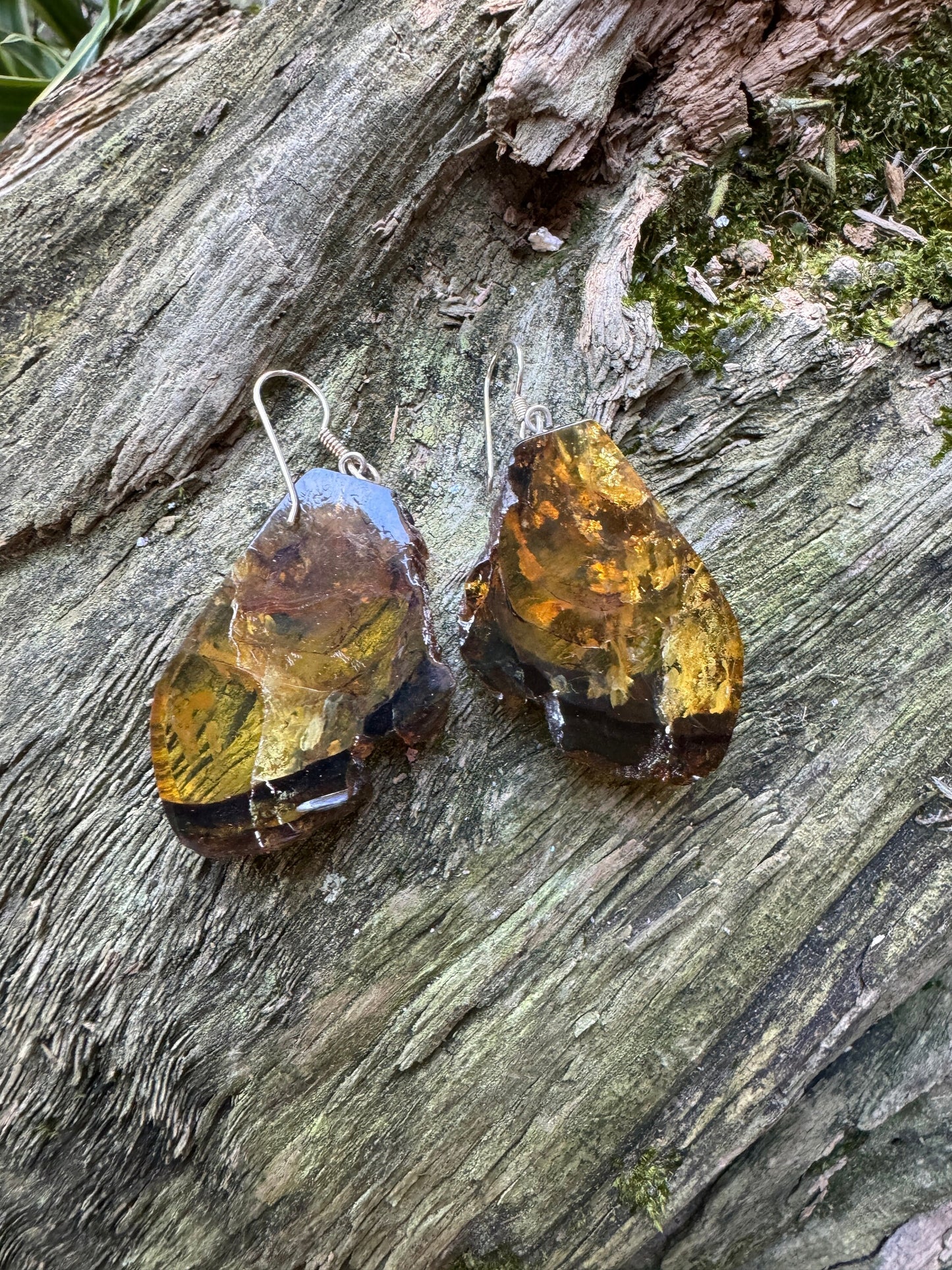 Polished  Mexican Blue Amber Earrings With Sterling Silver from Ciapas Mexico 1.6" long