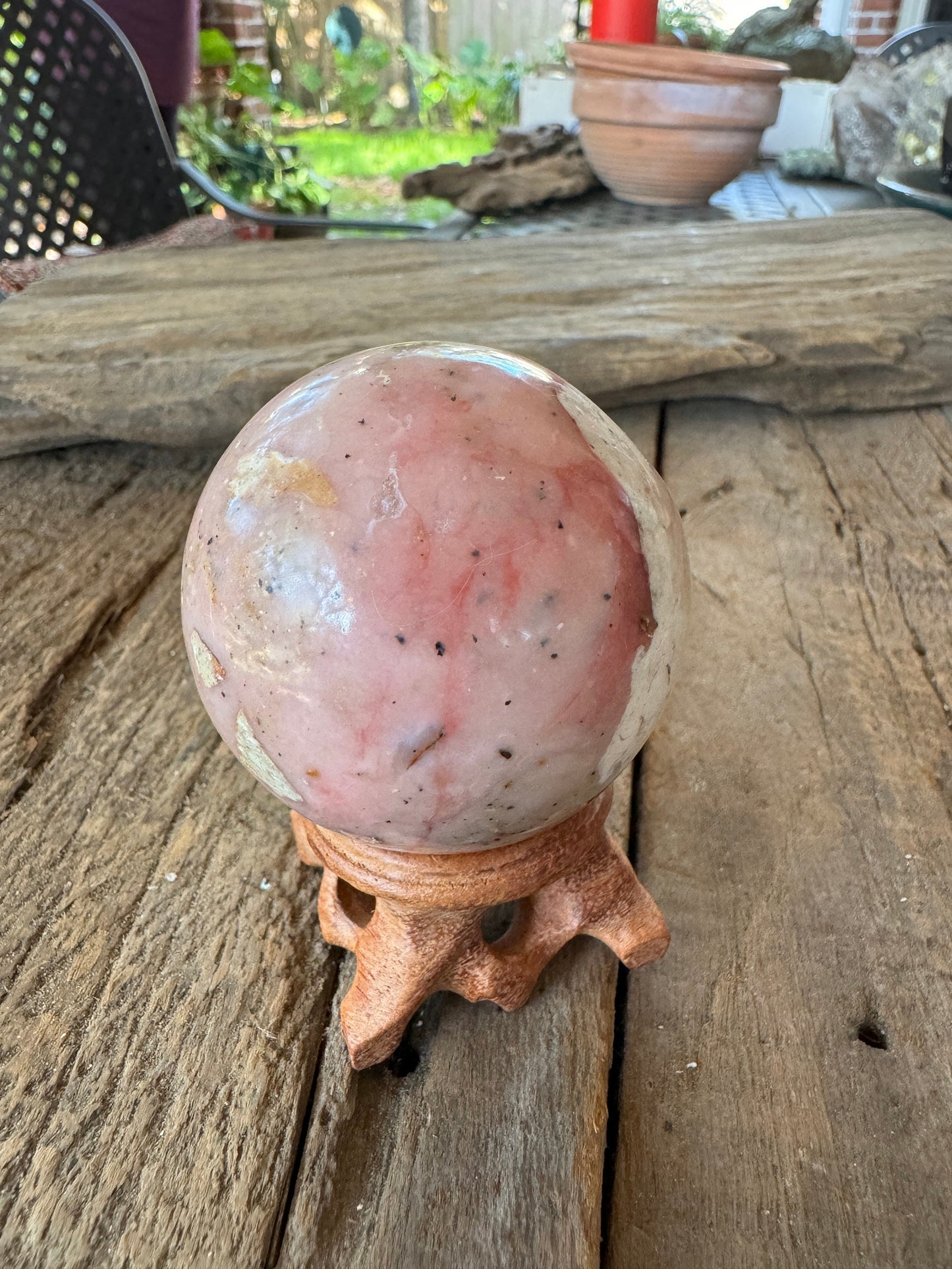 Beautifull Natural Pink Opal Sphere with Stand from Ica, Peru Specimen 22mm 196.8g Mineral Crystal